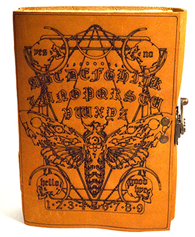 Moth & Ouija Board aged looking paper leather w/ latch (image for) Moth & Ouija Board aged looking paper leather w/ latch
