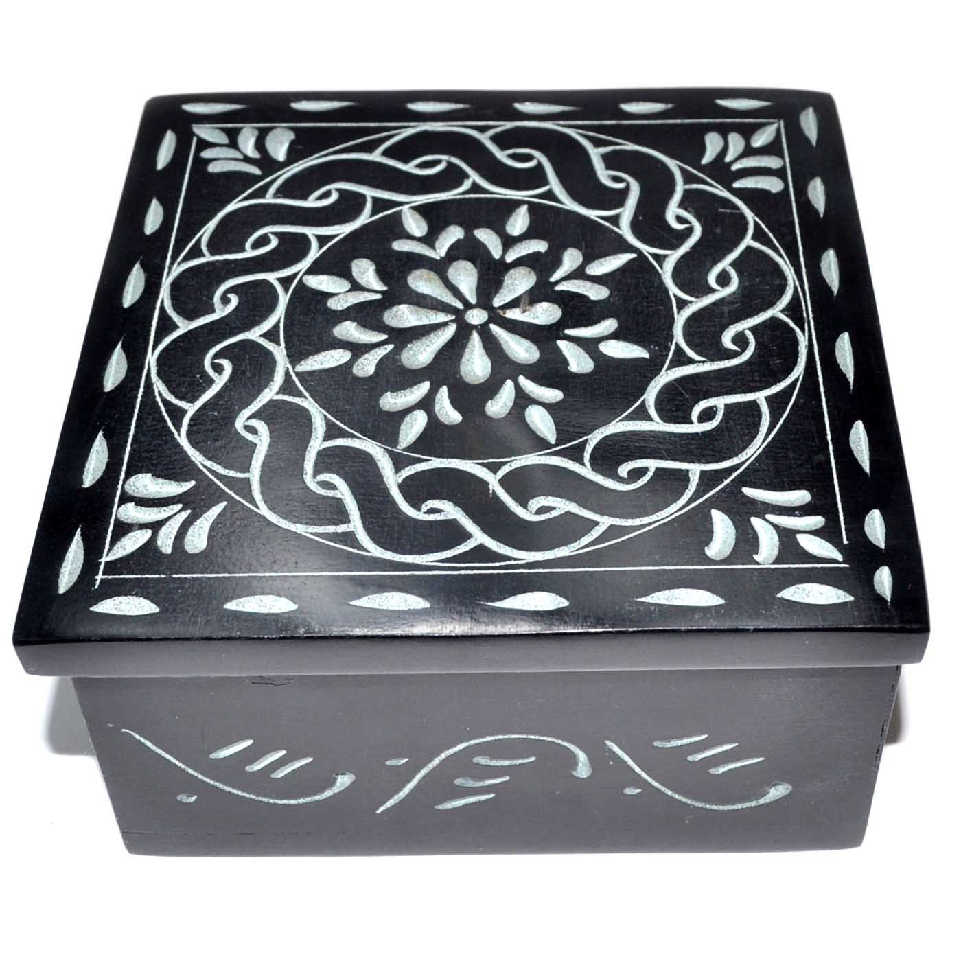 4 1/4" x 4 1/4" Floral Mandala soapstone box (image for) 4 1/4" x 4 1/4" Floral Mandala soapstone box