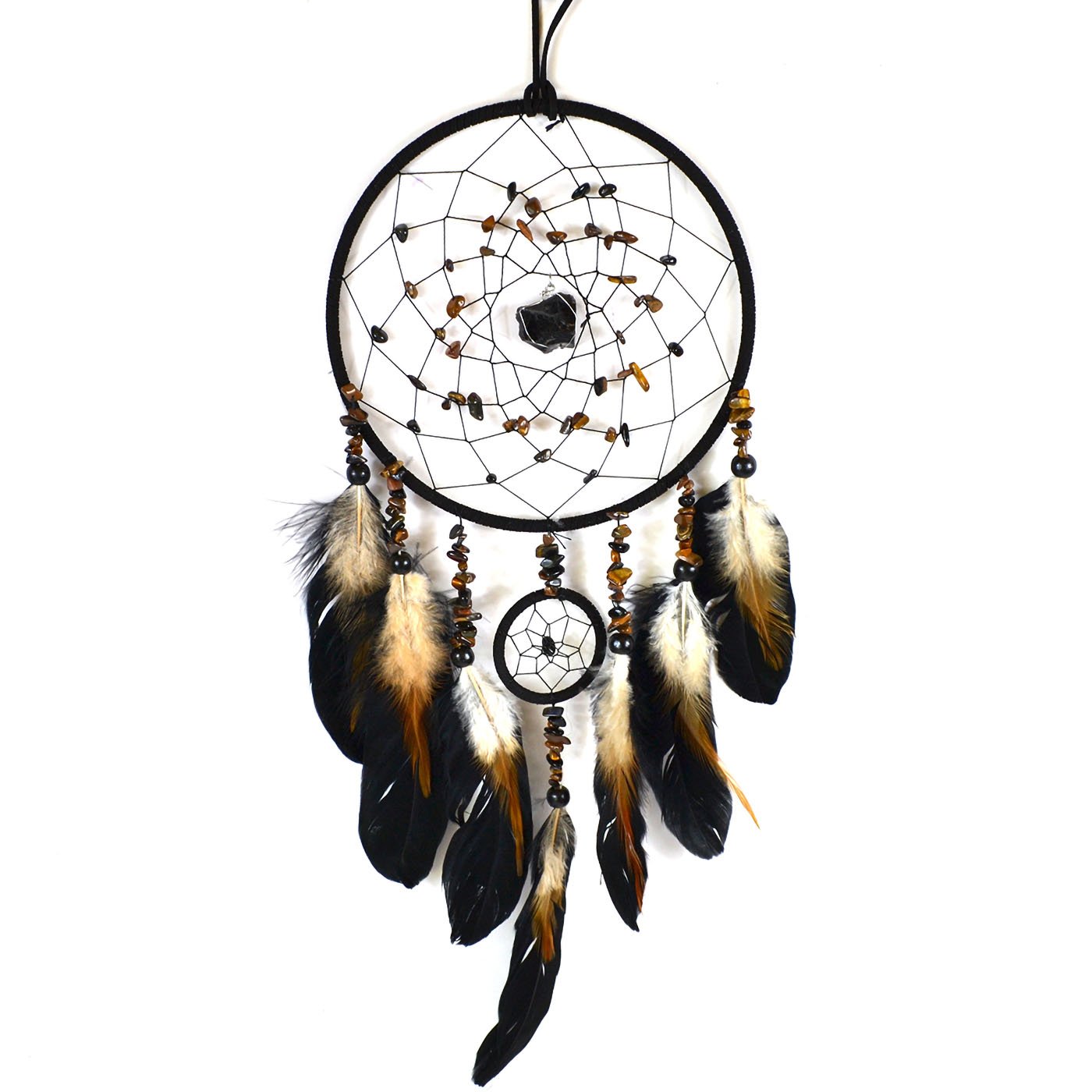 (image for) 6 3/4" x 22" Black Obsidian & Tiger Eye dream catcher
